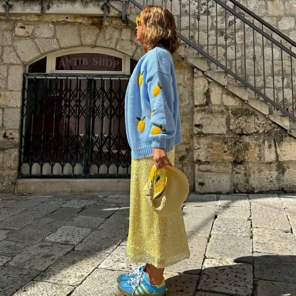 Baby Blue Casual Women's Lemon Pattern V-Neck Long Sleeve Knitted Cardigan - Picture 2 of 5